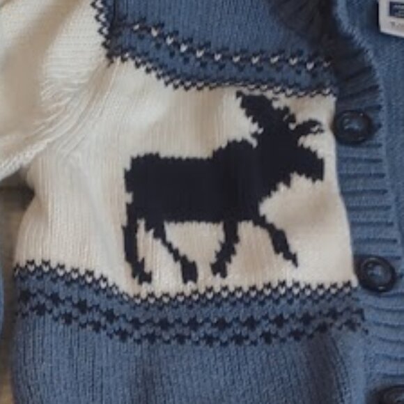 JANIE AND JACK BLUE AND WHITE BUTTON FRONT CARDIGAN MOOSE MOTIF COTTON 18-24MO - Picture 3 of 7